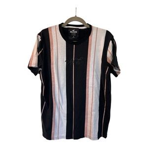 Hollister Men's Black, White, and Pink Striped Tee